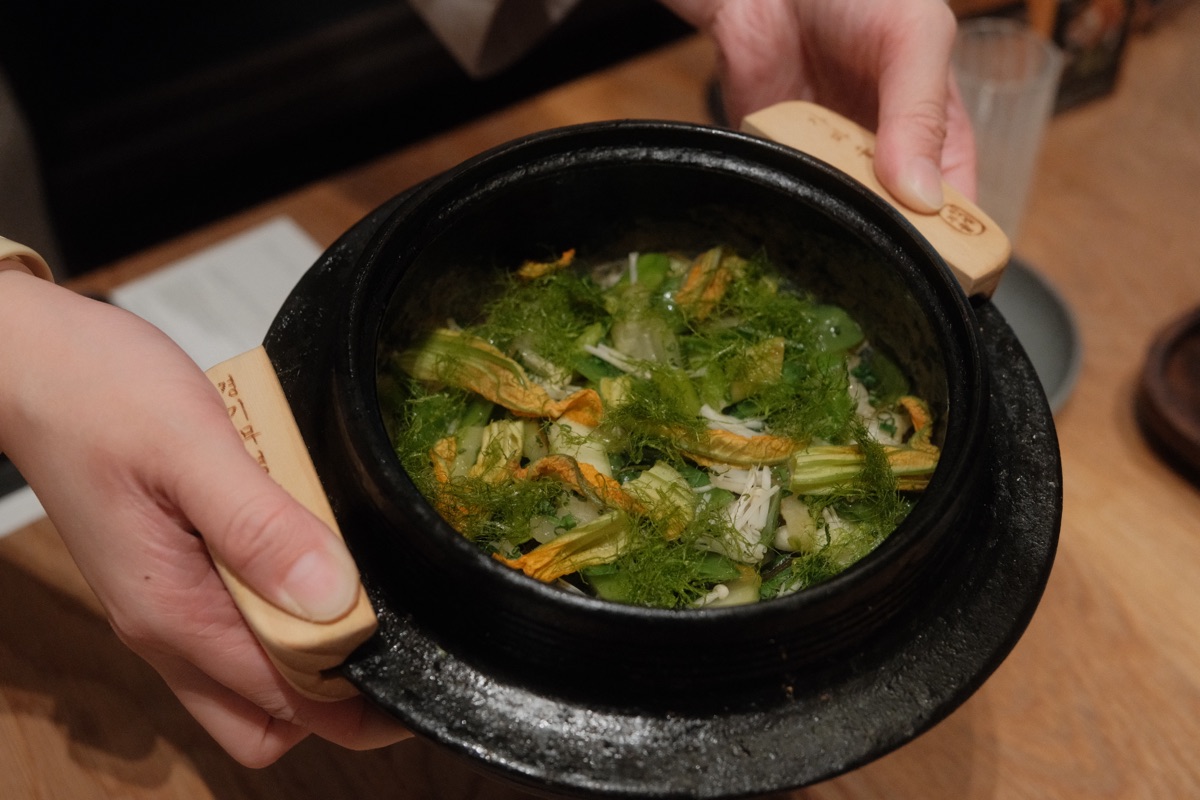 Spring Vegetable Bibimbap in gamasot with edible flowers