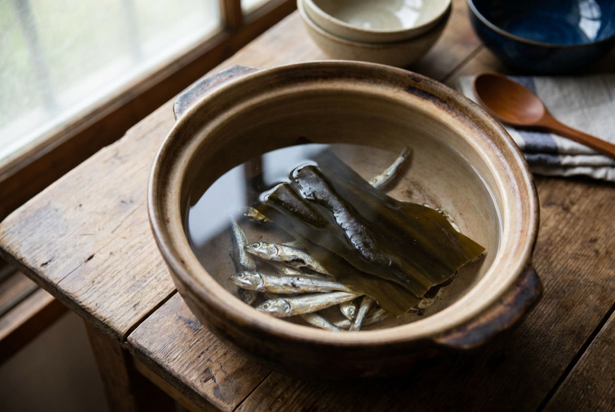 Anchovies and kelp resting in cold water