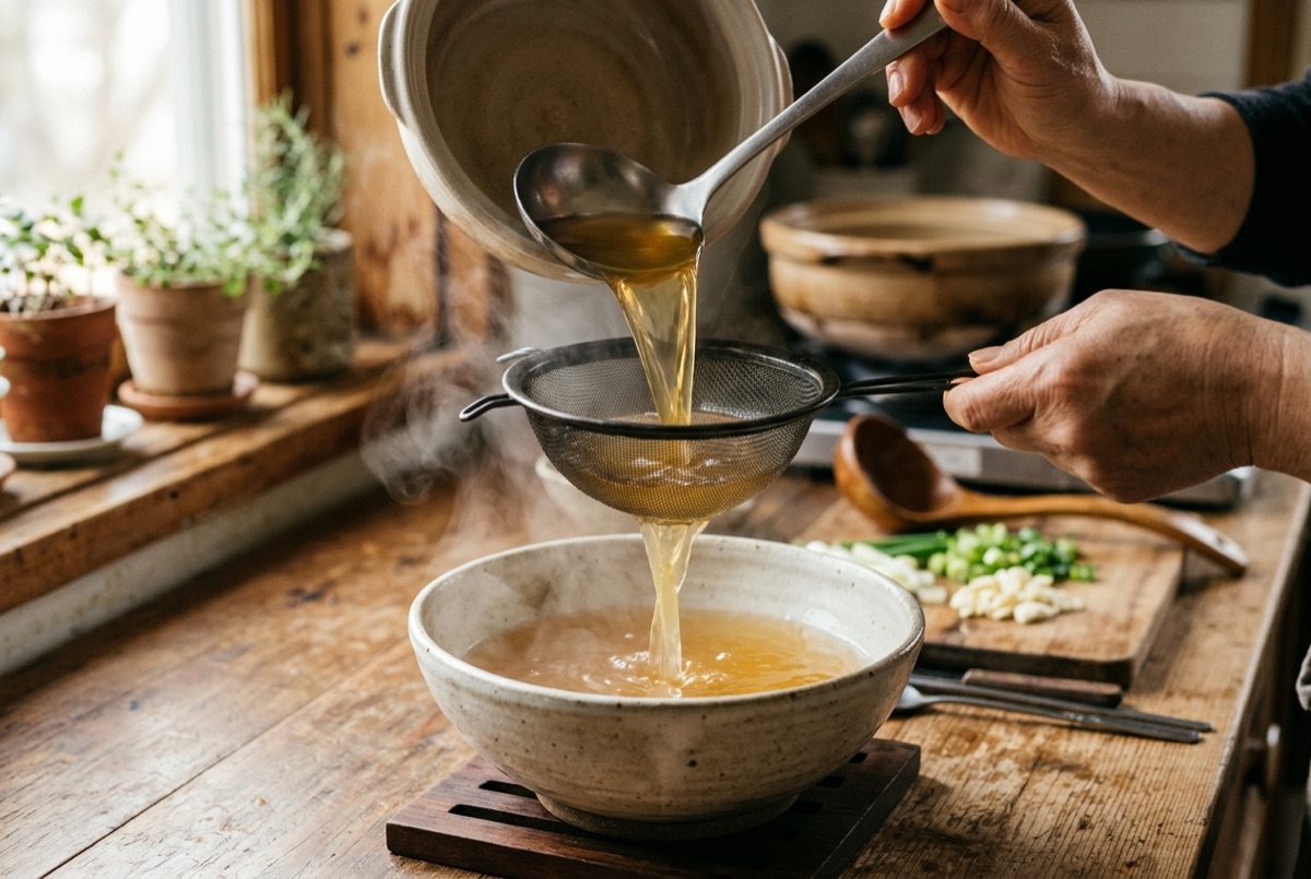 Clear golden stock being strained