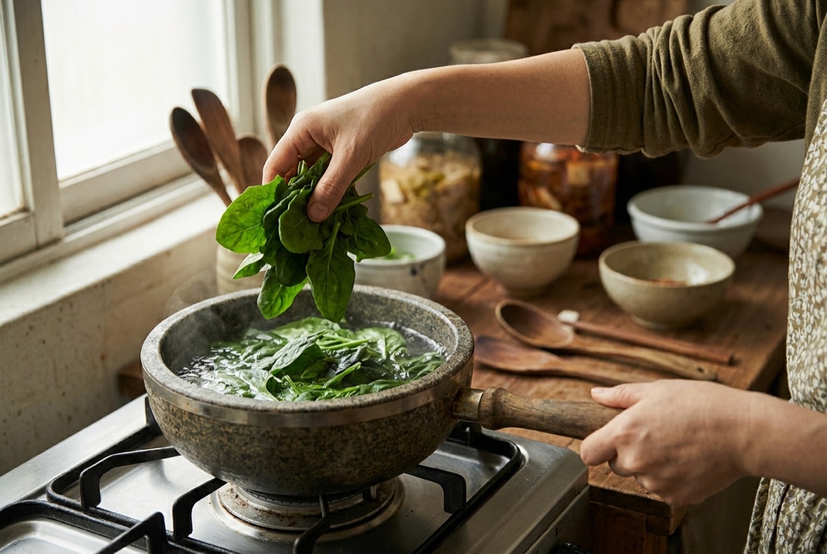 Spinach going into boiling salted water