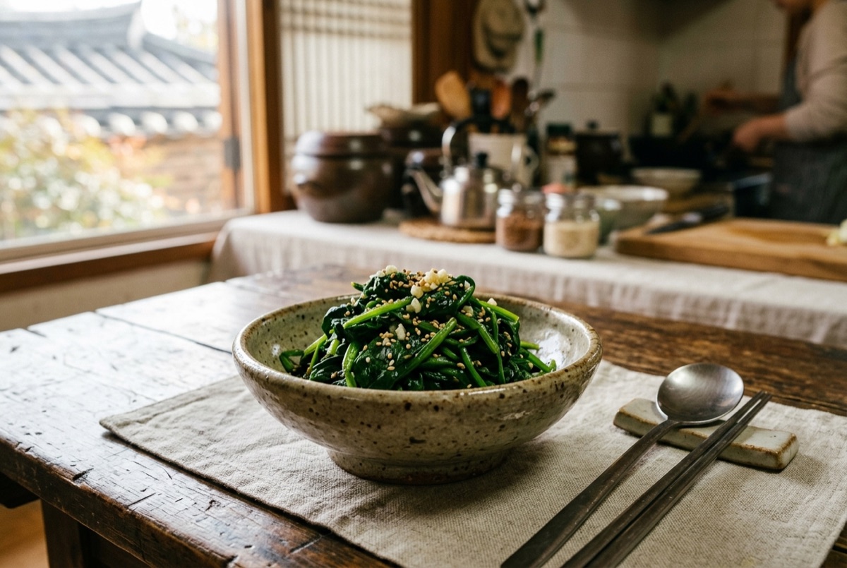 Seasoned spinach namul in a bowl