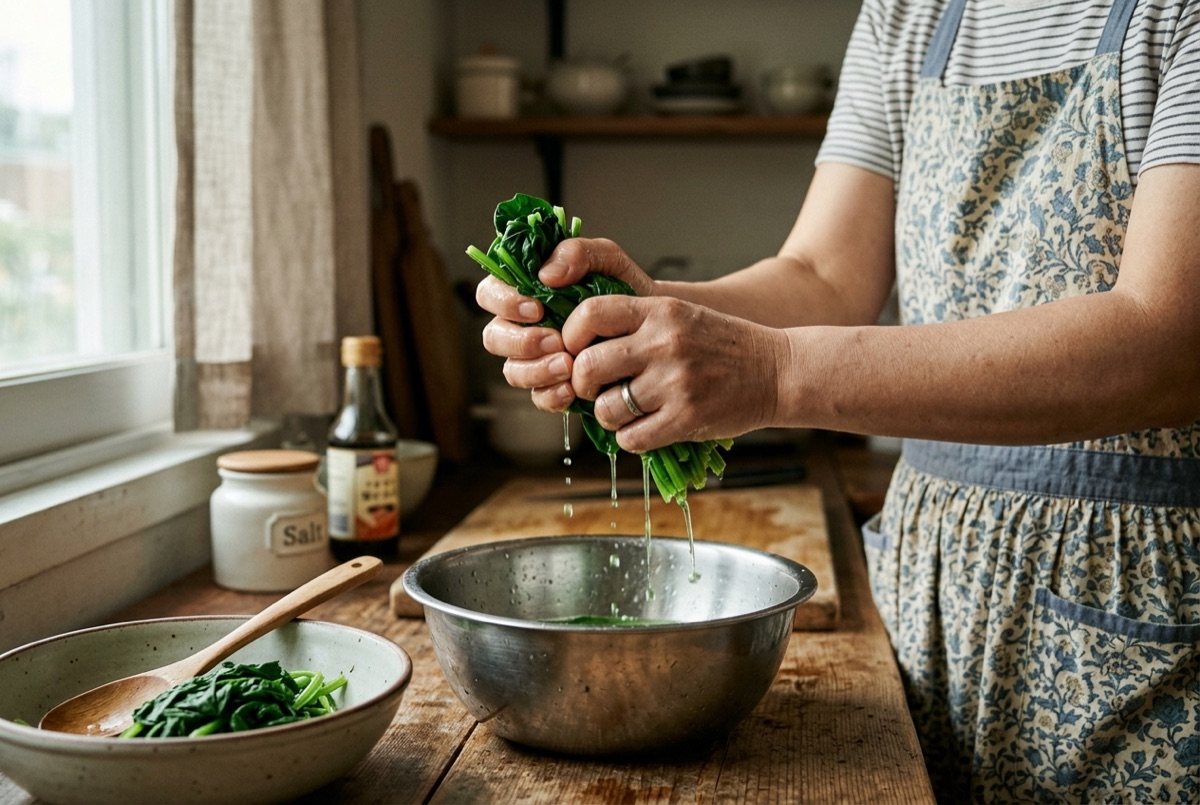 Hands squeezing water from blanched spinach
