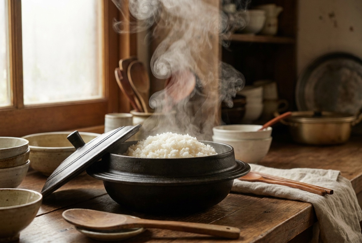 Fluffy cooked rice with the lid lifted