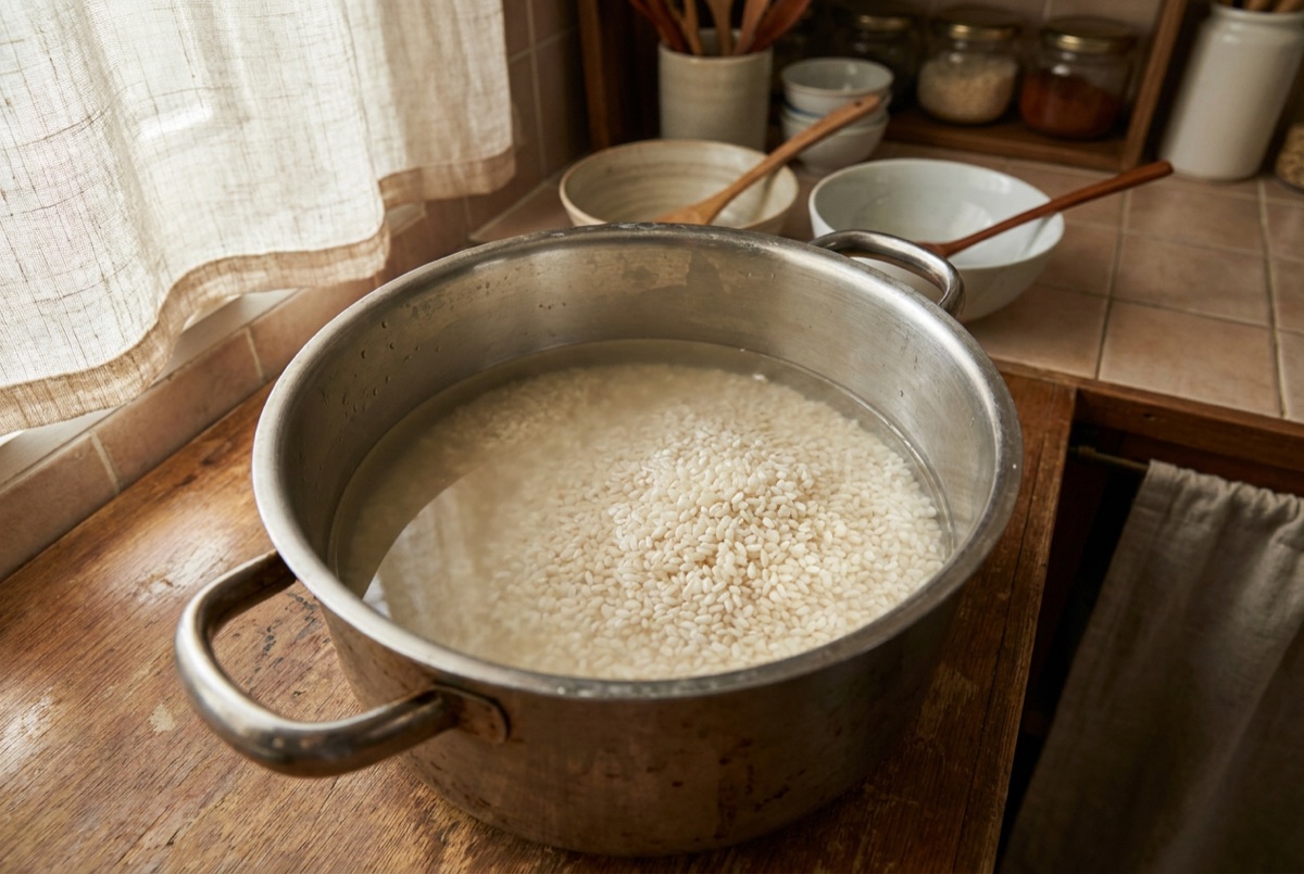 Rinsed rice resting in water in a pot