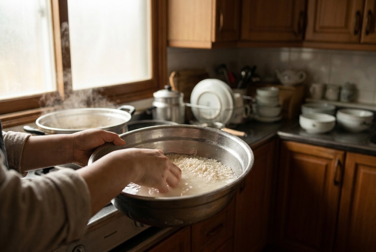 Hands rinsing rice in cloudy water
