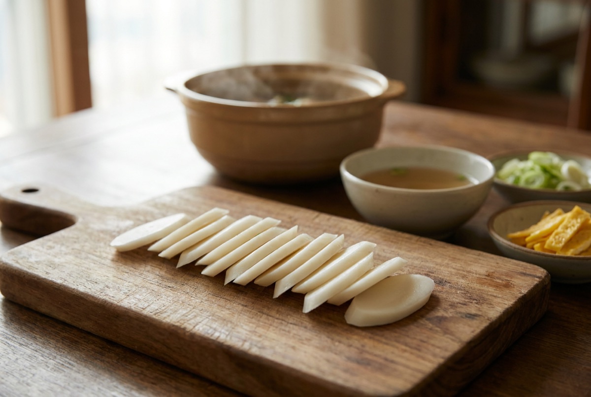 Diagonal oval slices of rice cake