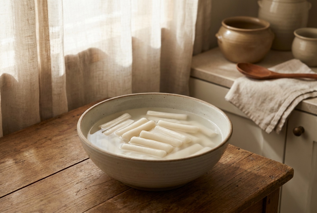 Rice cakes soaking in a bowl of water