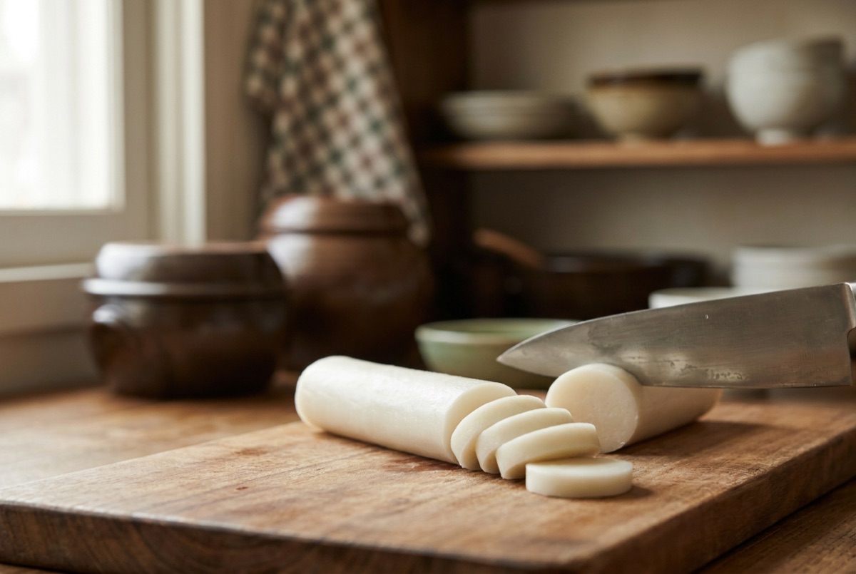 Damp knife slicing a rice cake