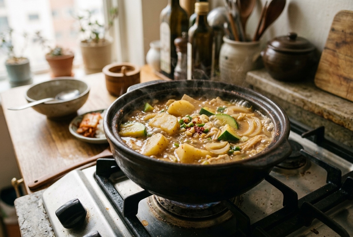 Doenjang jjigae building with vegetables and tofu