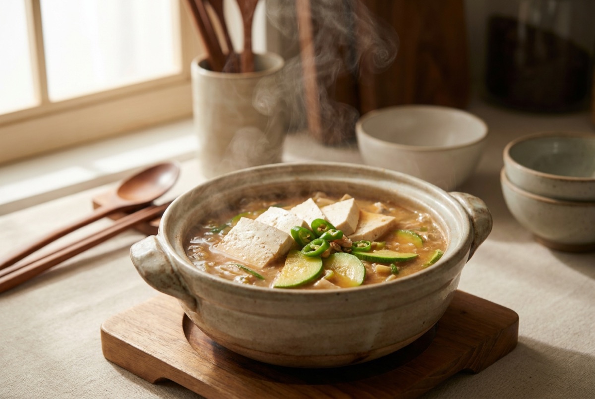 Finished bubbling doenjang jjigae