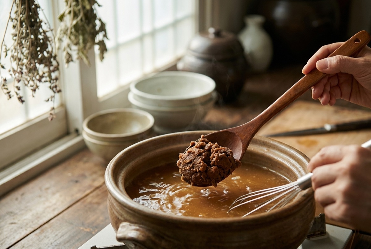 Doenjang being whisked into stock
