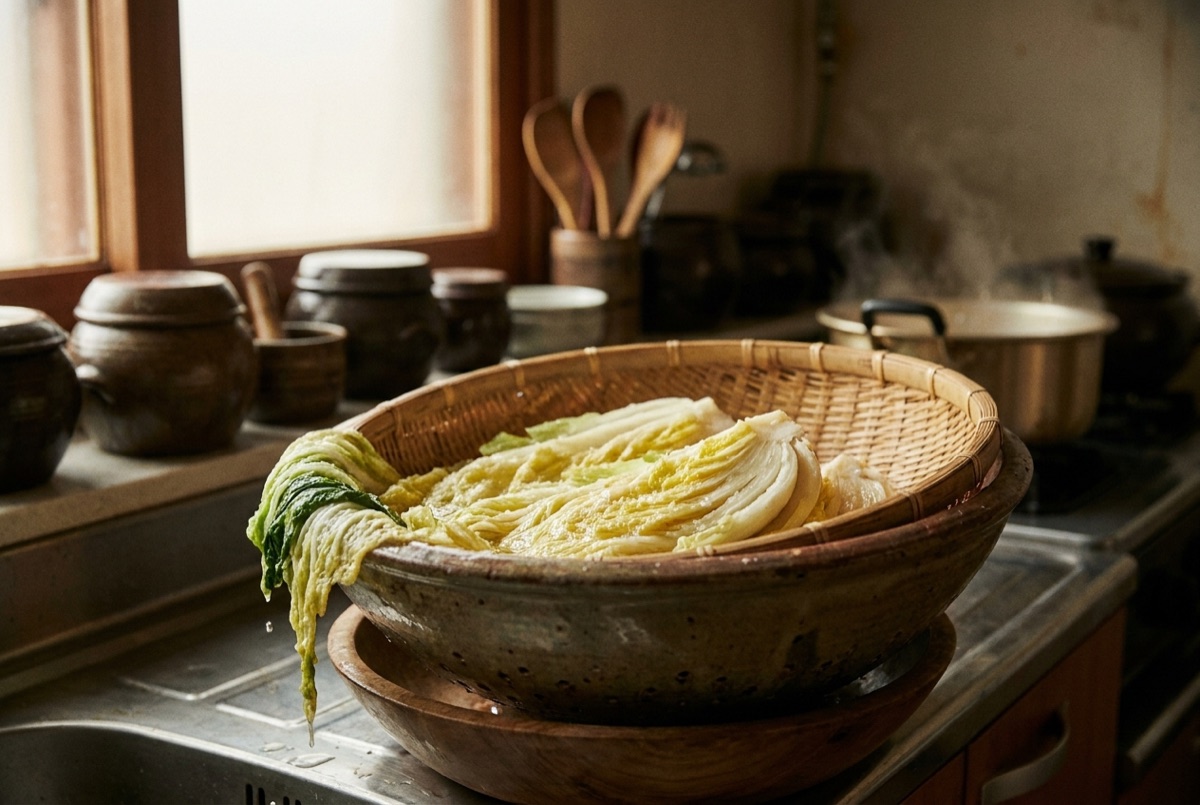 Salted napa cabbage draining in a colander