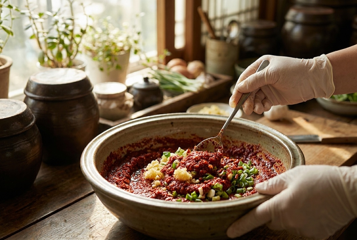 Red kimchi seasoning paste in a bowl