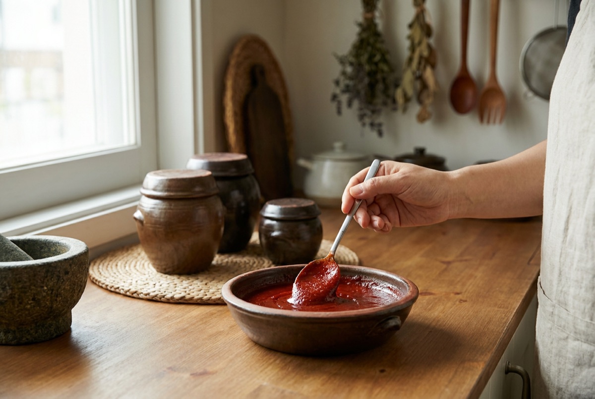 Gochujang sauce being whisked smooth