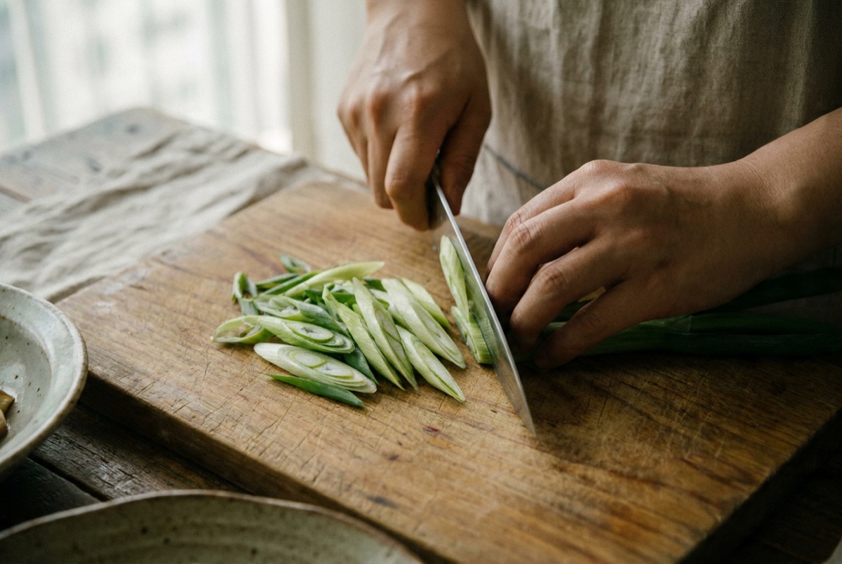 Green onion cut on a steep diagonal