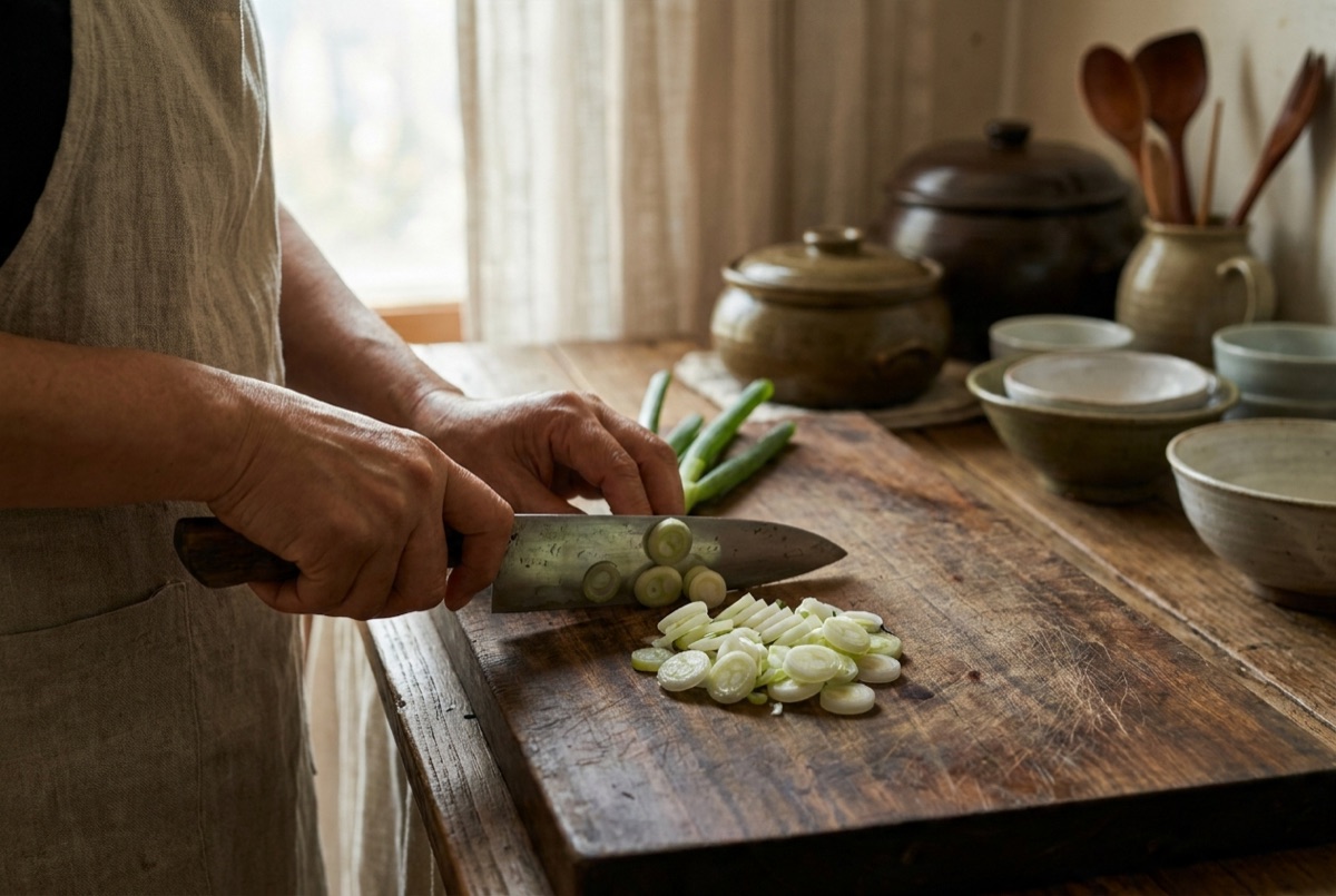 Fine rounds of green onion on a wooden board