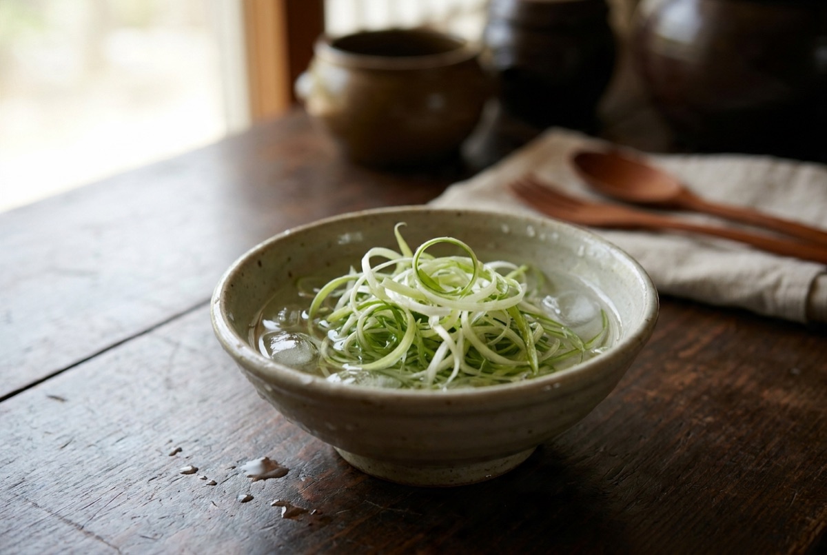 Shredded green onion curling in iced water