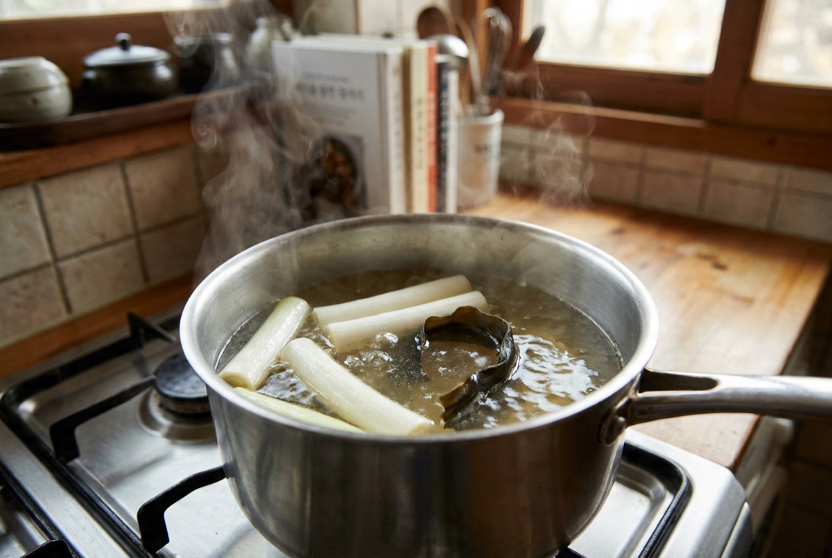 White parts of green onion simmering in stock with kelp