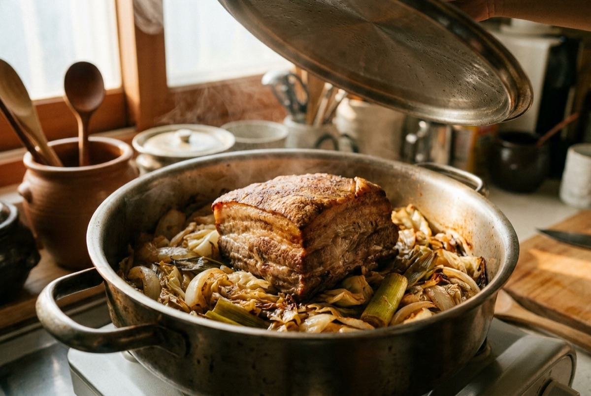 Pork belly steaming on a bed of cabbage and leek