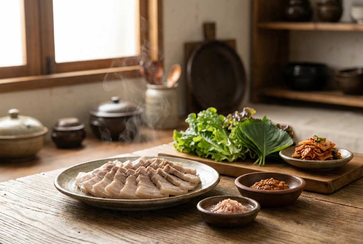 Sliced suyuk plated with ssamjang, salted shrimp, lettuce and kimchi