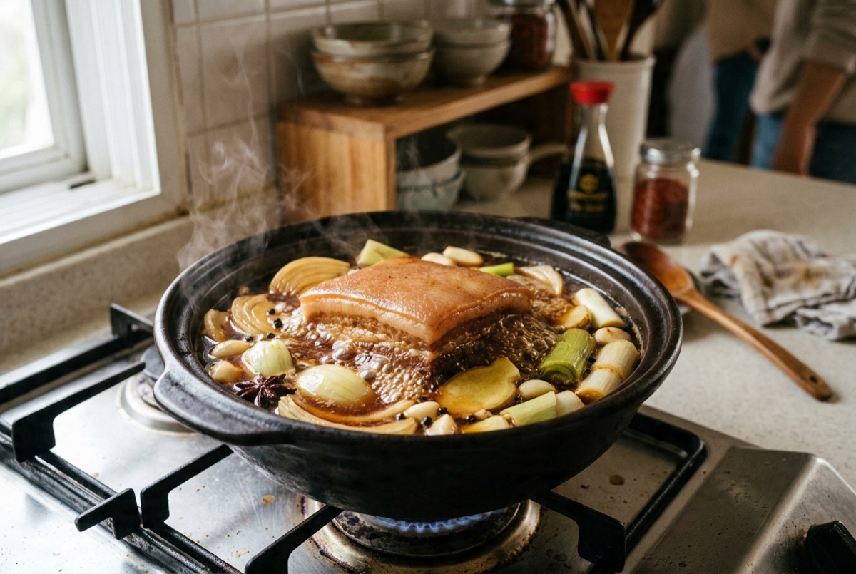 Pork belly simmering in a pot with aromatics