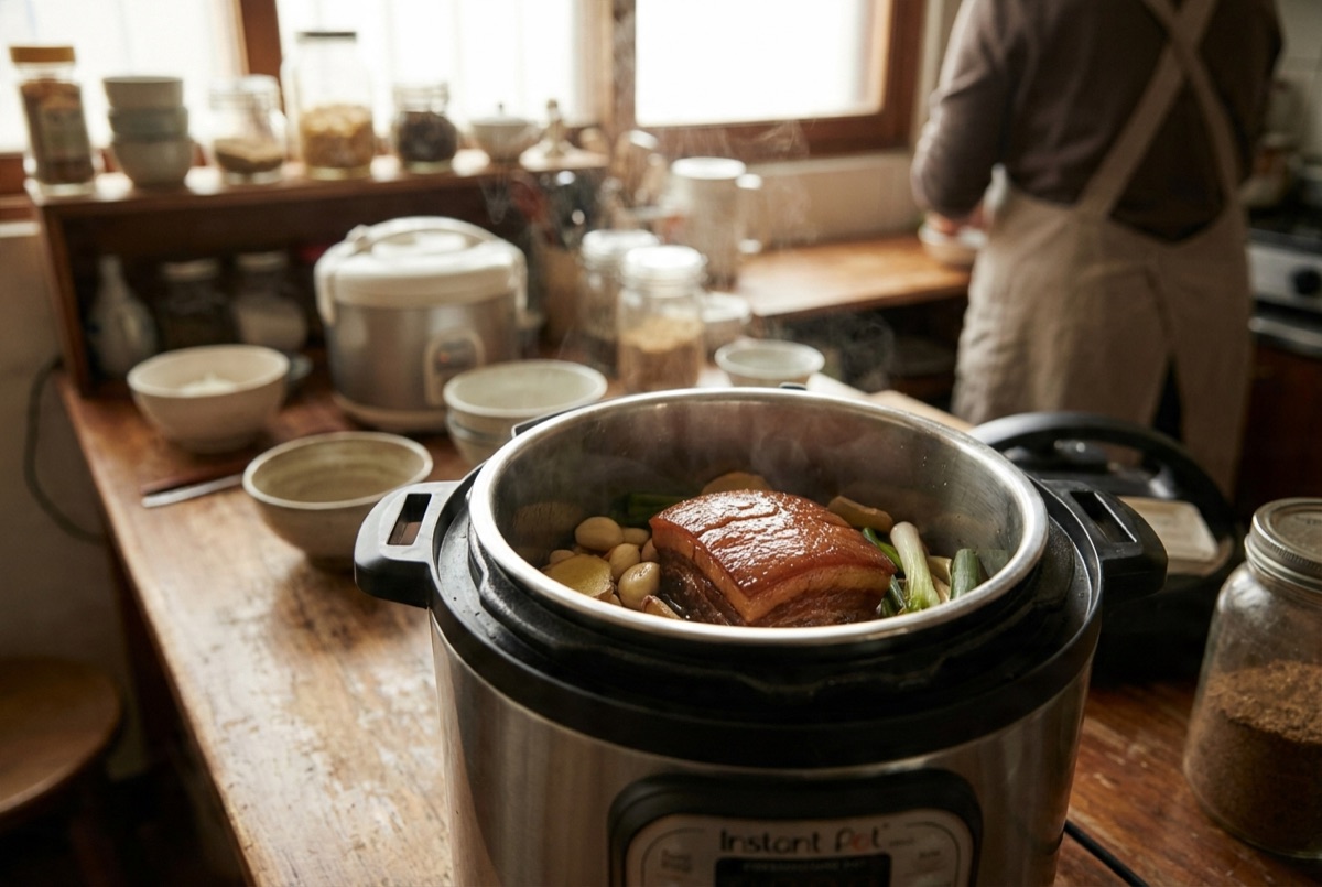 Pressure cooker with cooked pork belly