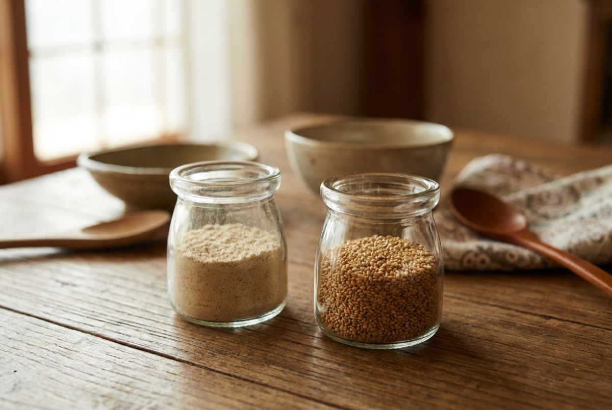 Jars of perilla powder and toasted sesame