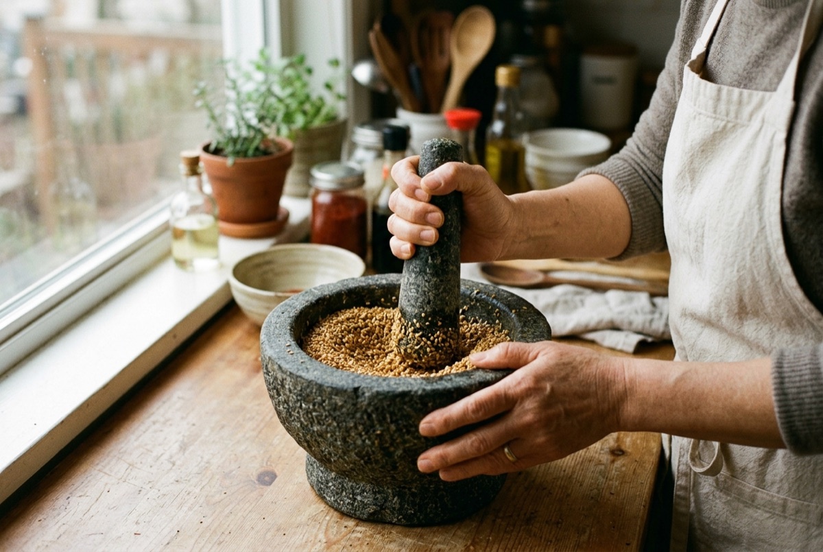 Toasted seeds crushed in a stone mortar