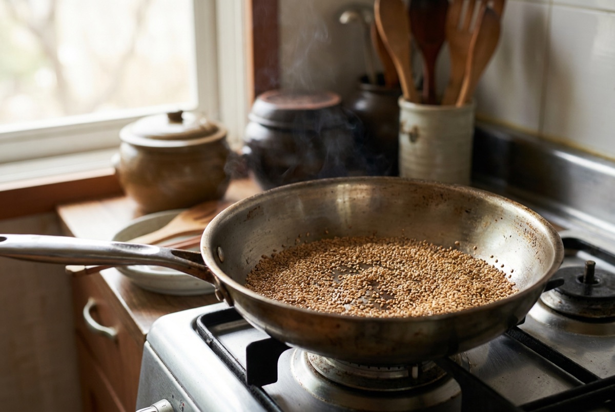 Sesame seeds toasting in a dry pan